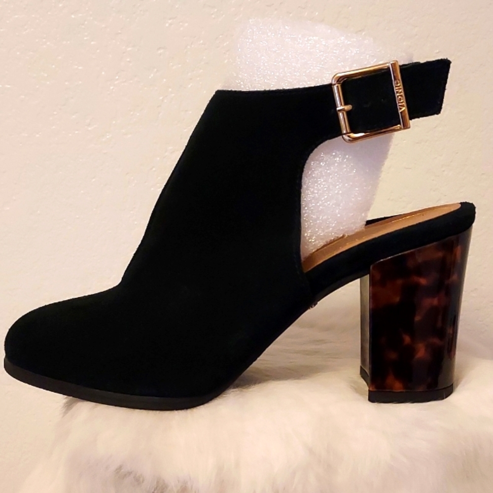 Womens Vionic Perk Lacey Ankle Strap Black Bootie Tortoise Heel